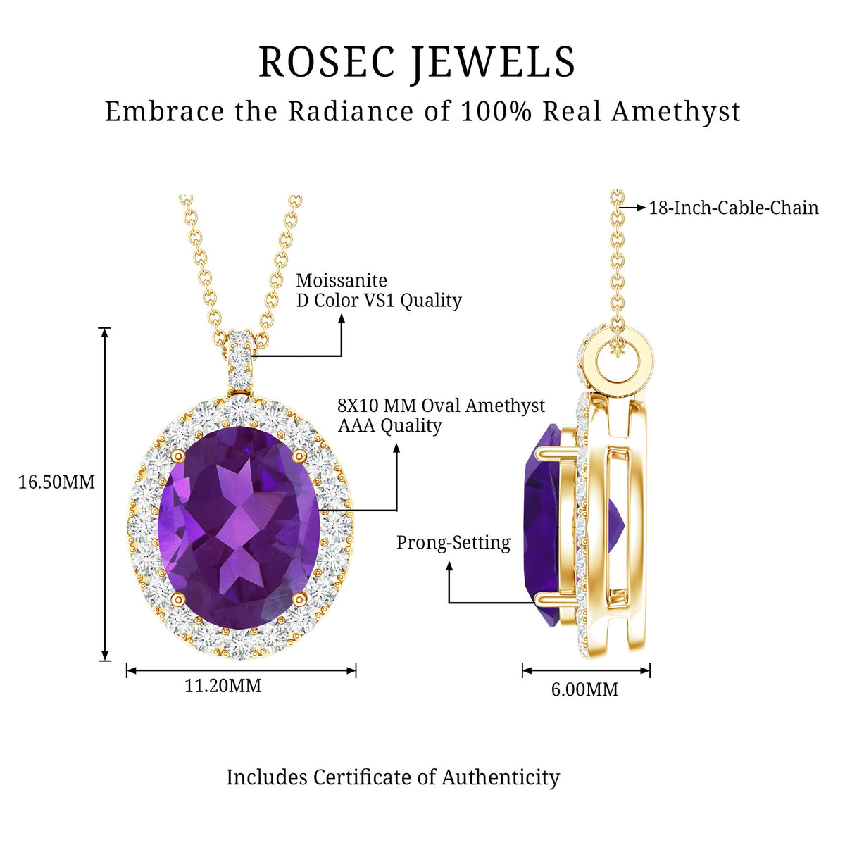 Certified 2.5 Carat Amethyst Oval Necklace with Moissanite Halo