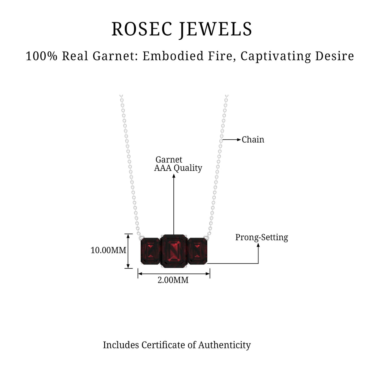 2 Carat Emerald Cut Garnet Three Stone Necklace