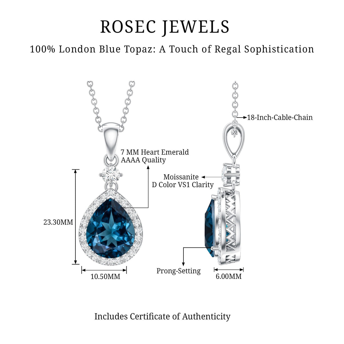 1.75 Carat London Blue Topaz Teardrop Necklace with Moissanite Halo