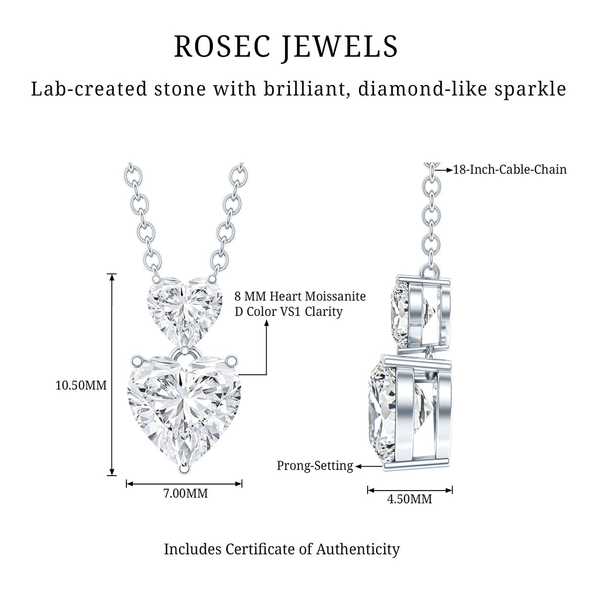 Certified Moissanite Double Heart Necklace in Prong Setting