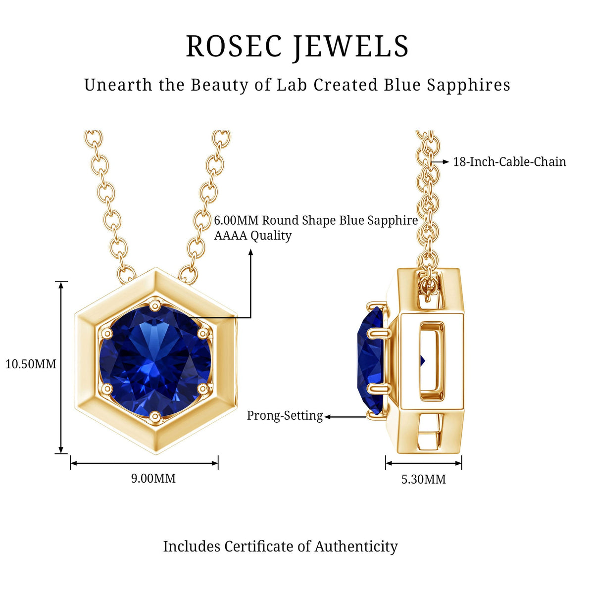 1 Carat Lab Grown Blue Sapphire Hexagon Necklace for Women
