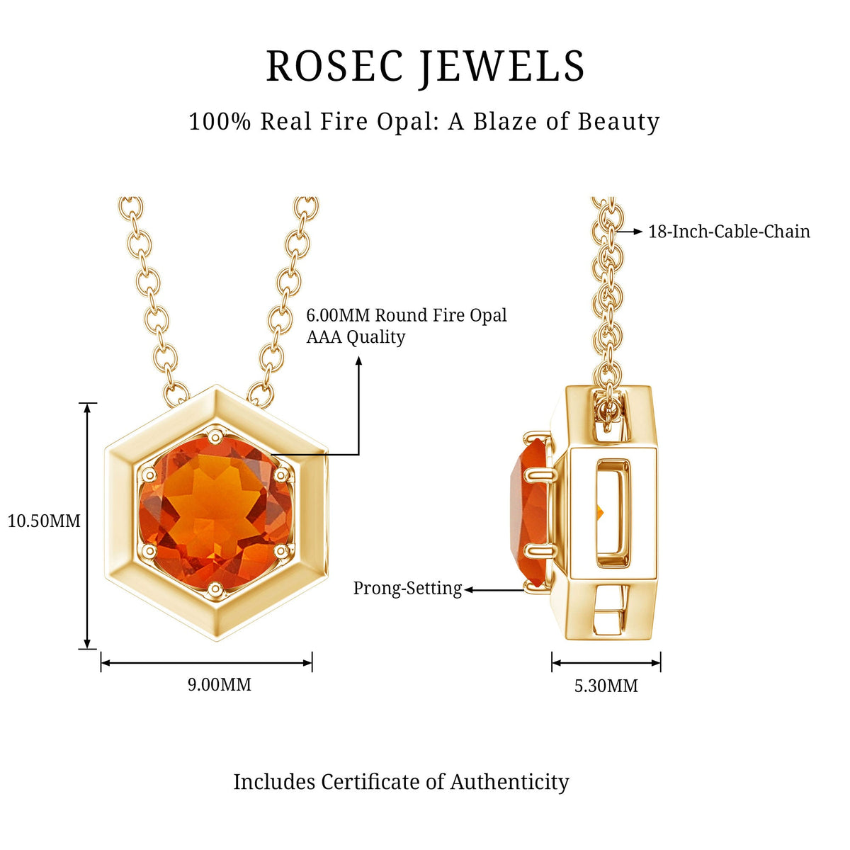 0.75 CT Natural Fire Opal Solitaire Pendant in 6 Prong Setting