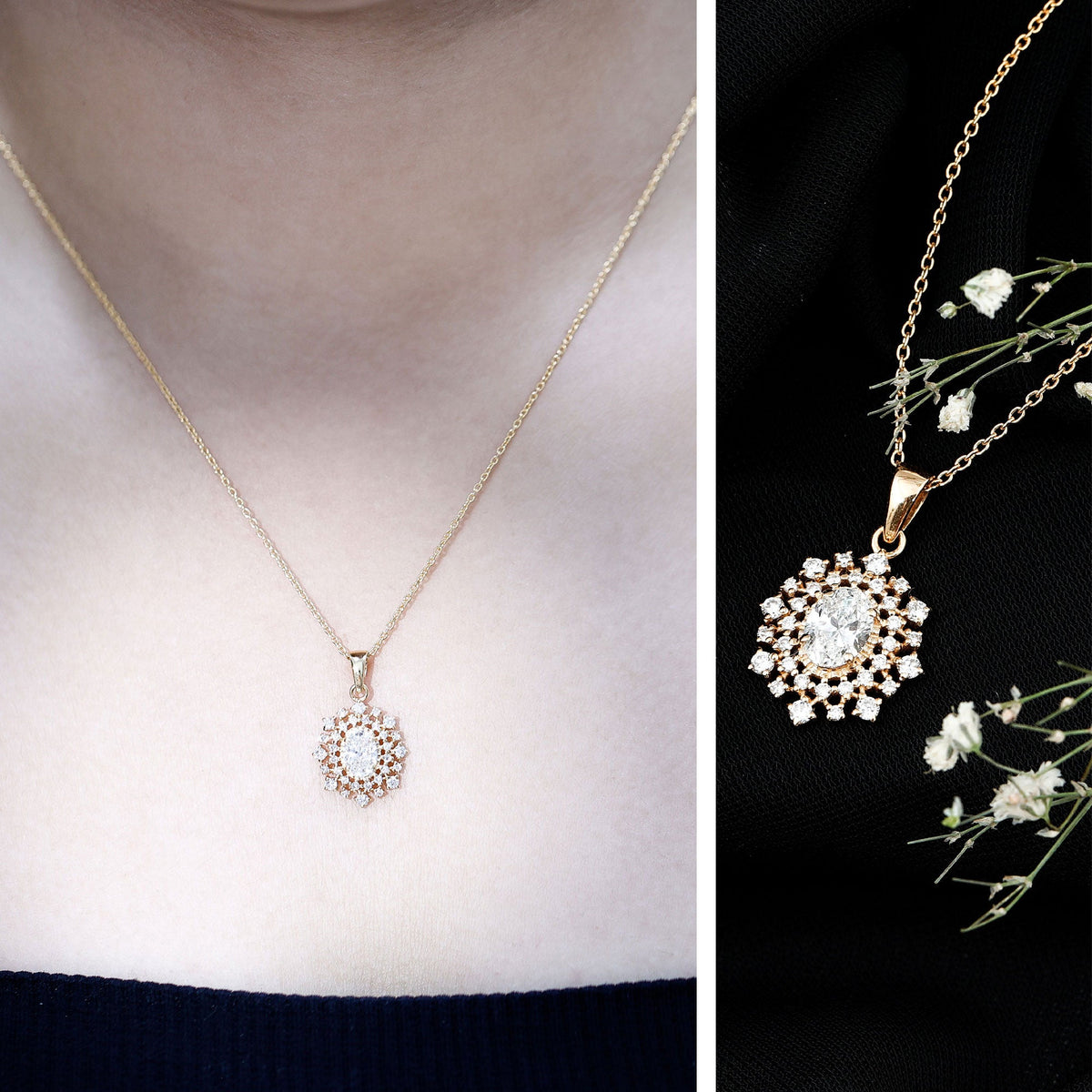 0.7 Carat Oval Lab Diamond Double Halo Bridal Pendant
