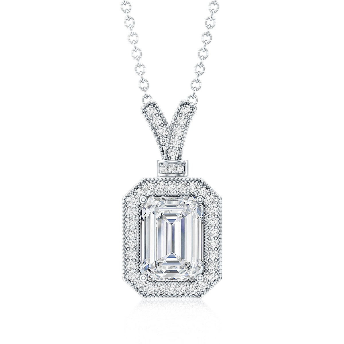 1.8 Carat Lab Created Diamond Emerald Cut Halo Necklace