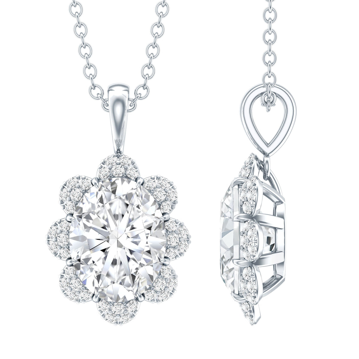 2 Carat Flower Inspired Moissanite Oval Necklace with Silver Chain