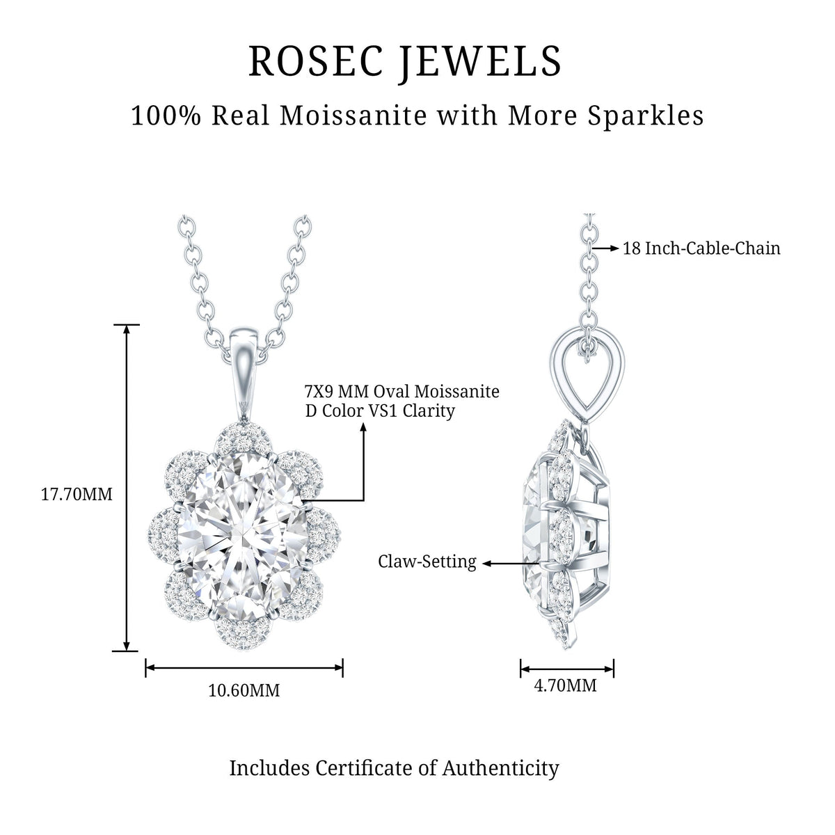 2 Carat Flower Inspired Moissanite Oval Necklace with Silver Chain