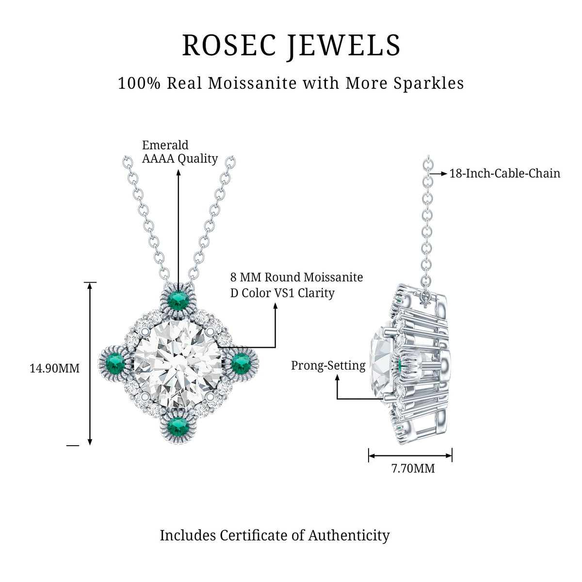 2 Carat Moissanite Vintage Inspired Necklace with Lab Emerald
