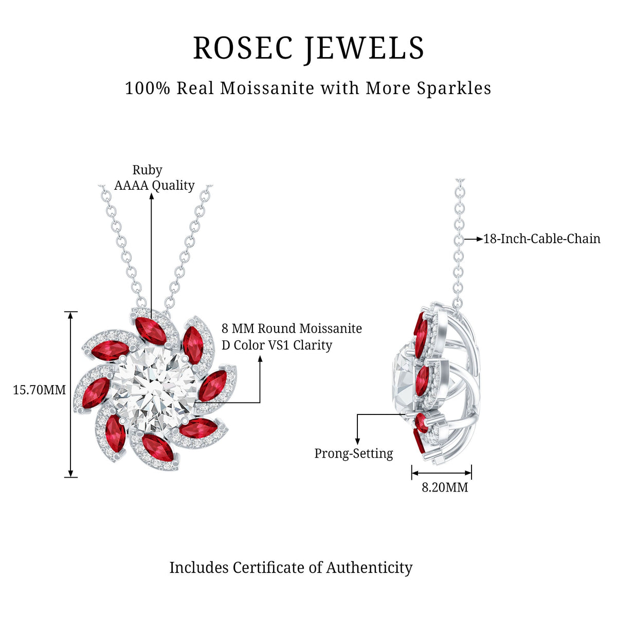 2 Carat Moissanite and Lab Ruby Flower Pendant Necklace