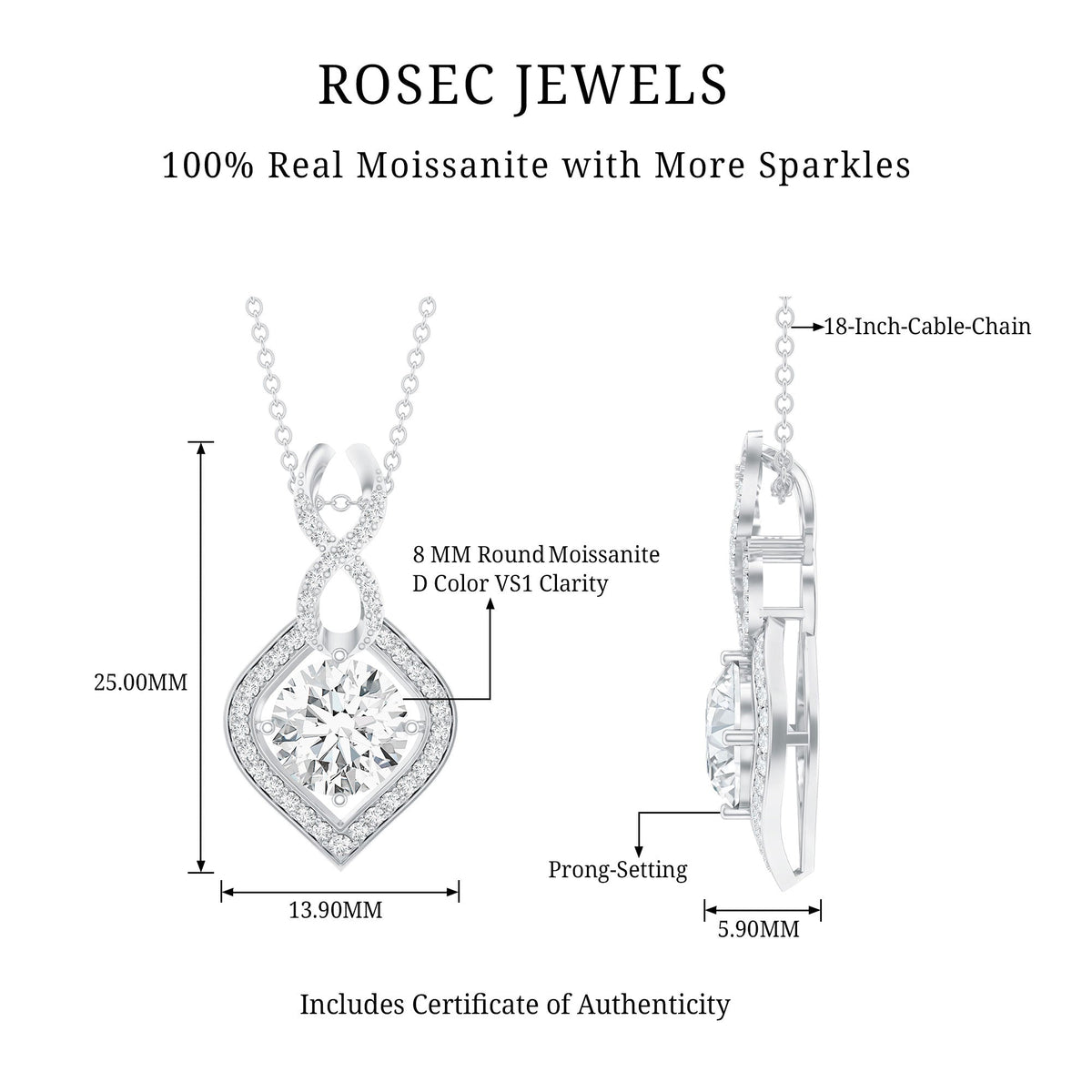 2.62 Carat Moissanite Wedding Necklace for Bride with Silver Chain