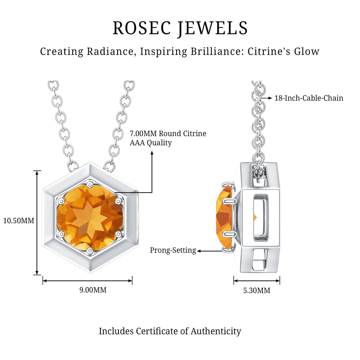 1.2 Carat Natural Citrine Hexagon Pendant