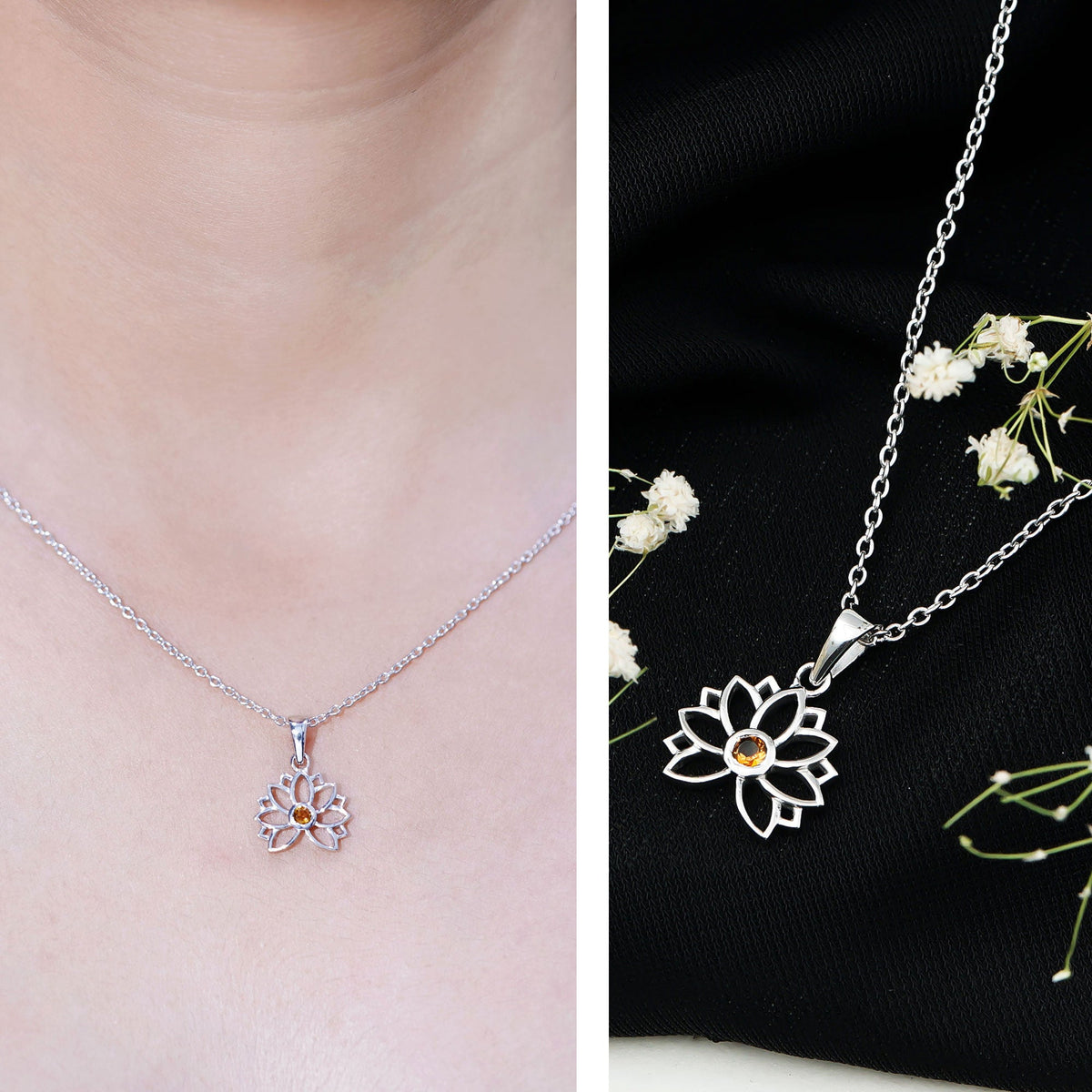 Bezel Set Citrine Lotus Flower Necklace With Chain