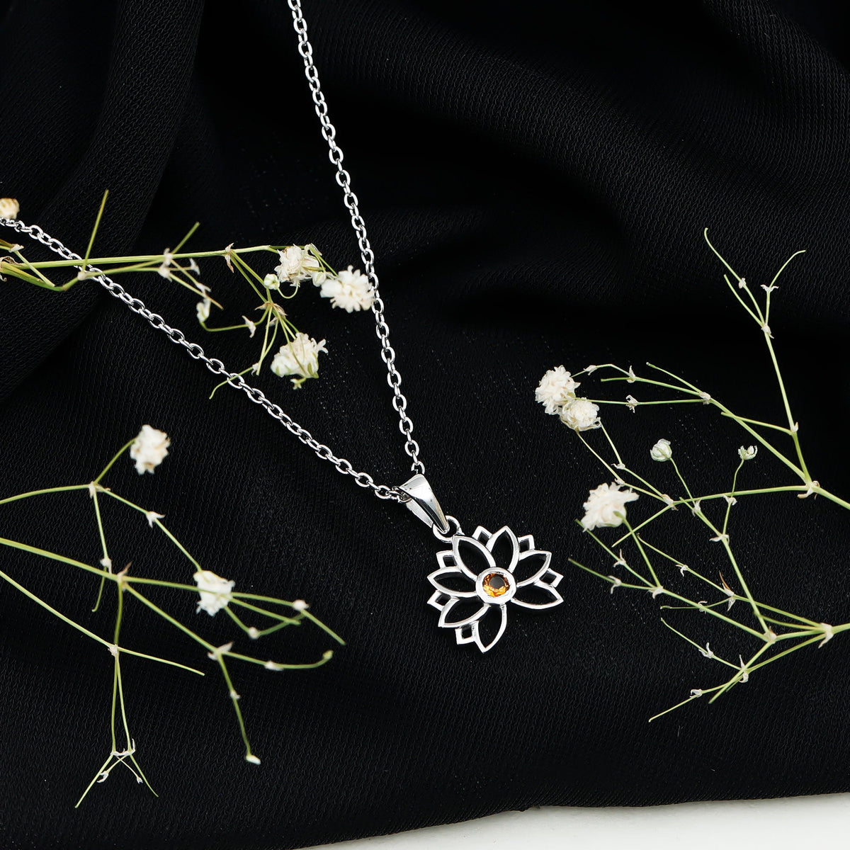 Bezel Set Citrine Lotus Flower Necklace With Chain