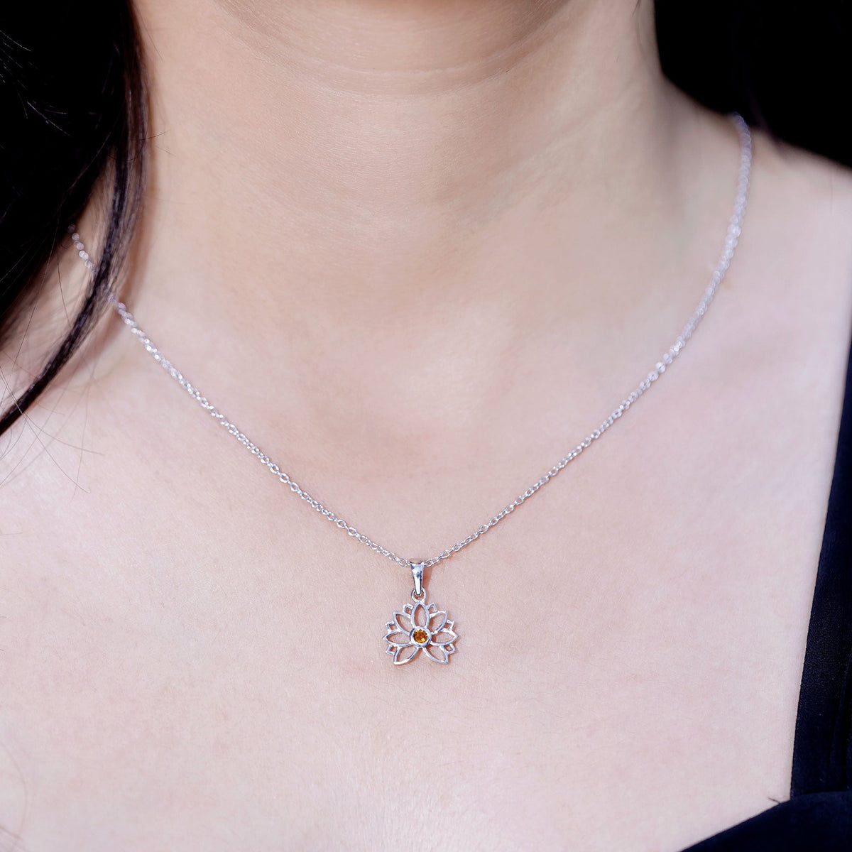Bezel Set Citrine Lotus Flower Necklace With Chain