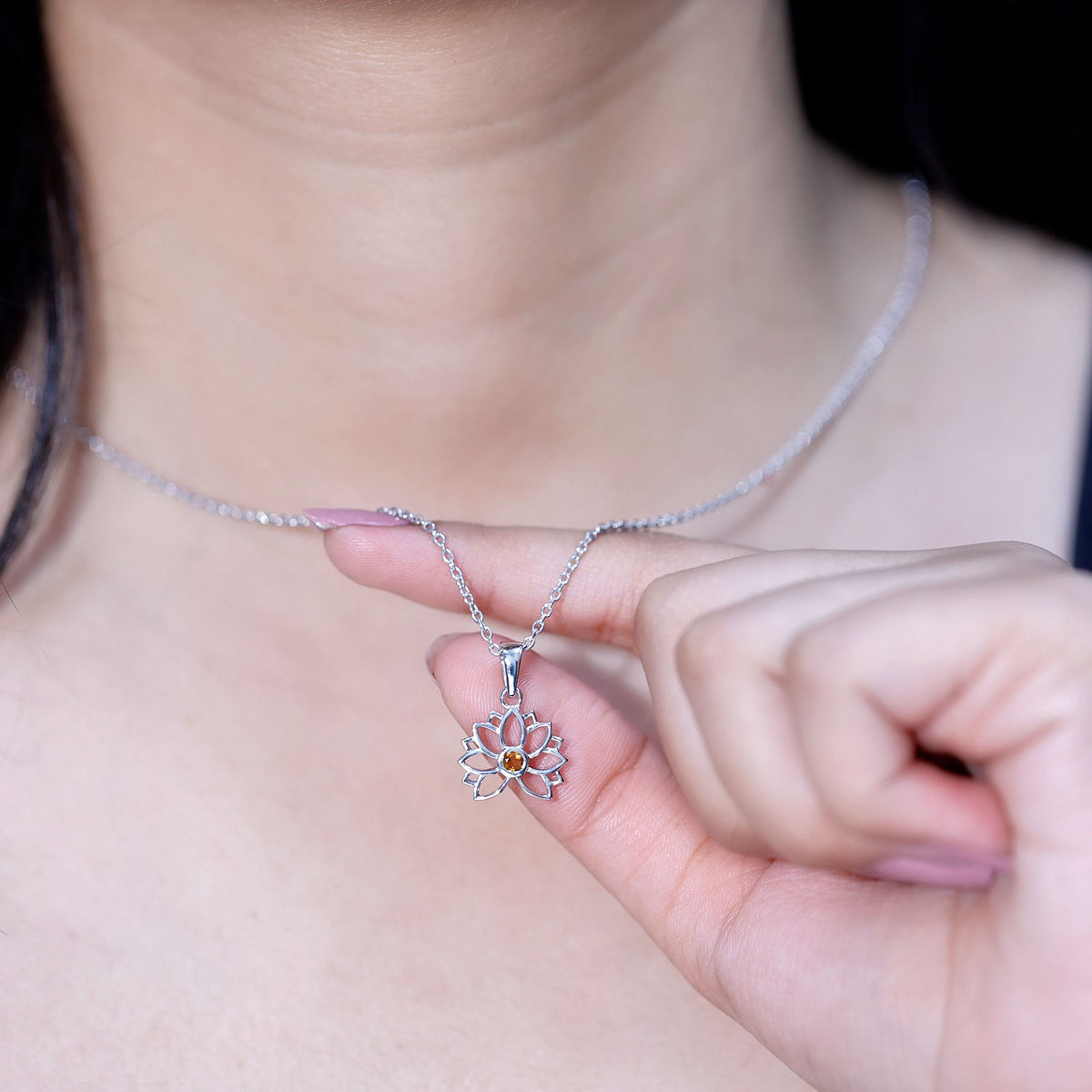 Bezel Set Citrine Lotus Flower Necklace With Chain