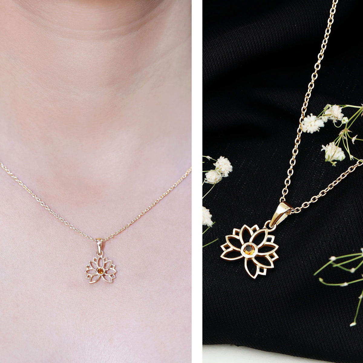 Bezel Set Citrine Lotus Flower Necklace With Chain