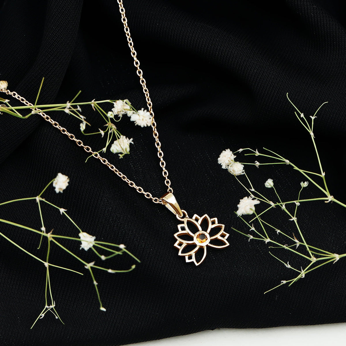 Bezel Set Citrine Lotus Flower Necklace With Chain