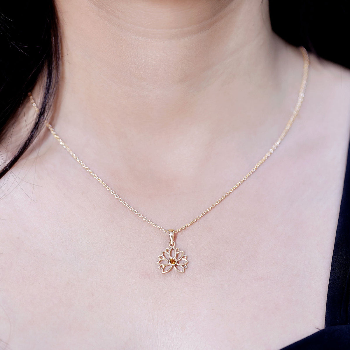 Bezel Set Citrine Lotus Flower Necklace With Chain