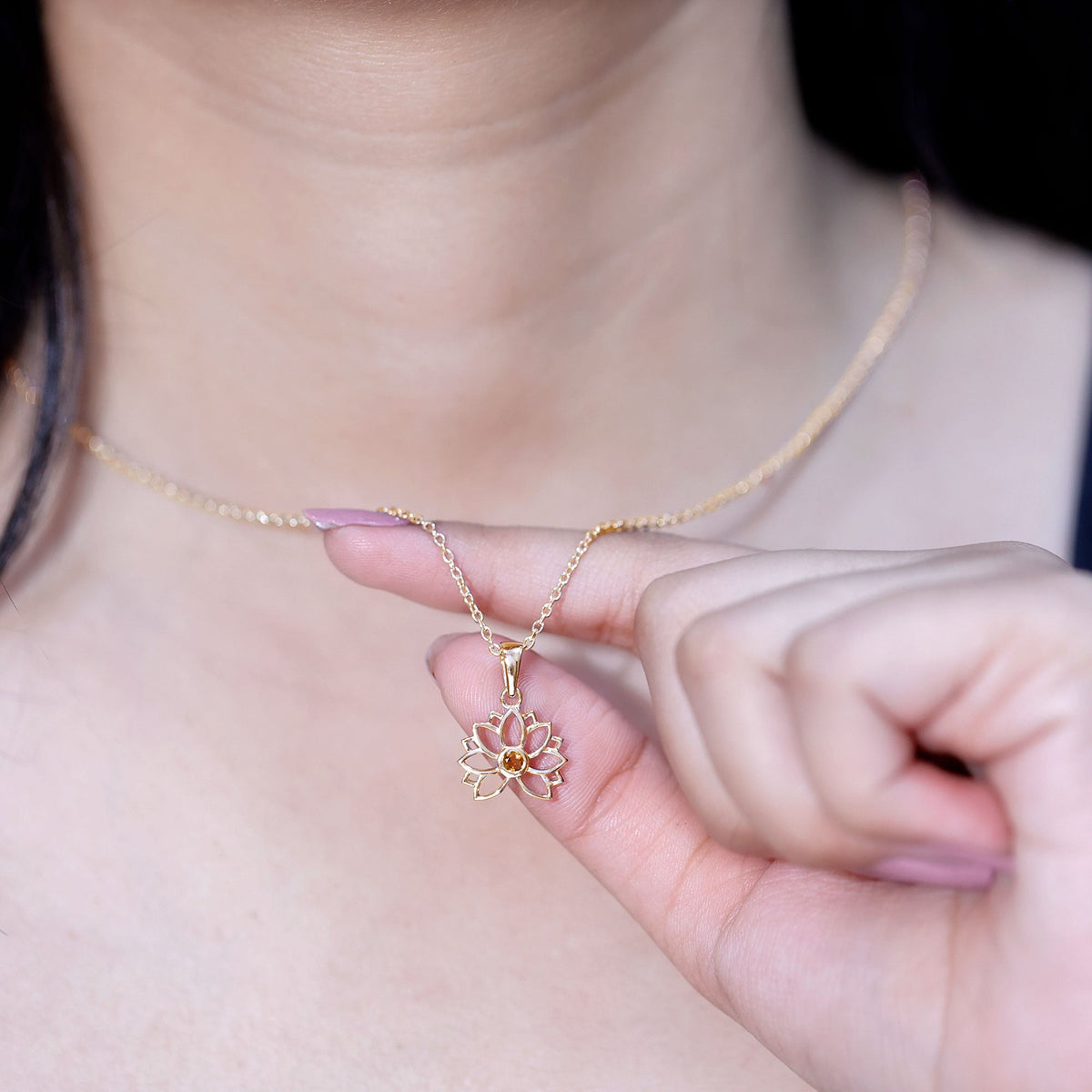 Bezel Set Citrine Lotus Flower Necklace With Chain