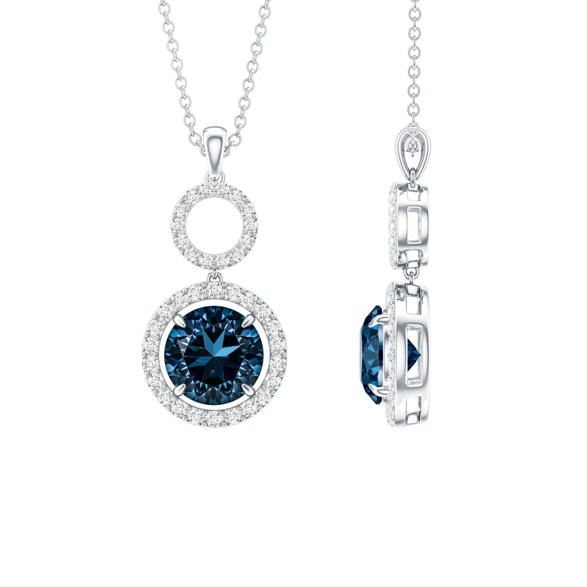 2 Carat London Blue Topaz and Diamond Halo Dangle Pendant
