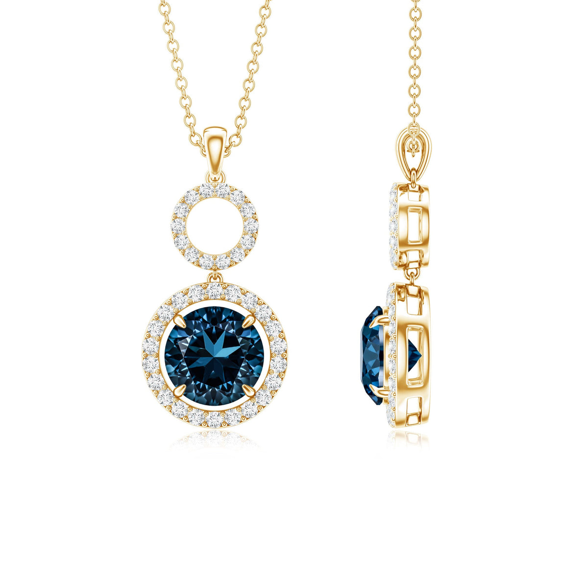 2 Carat London Blue Topaz and Diamond Halo Dangle Pendant