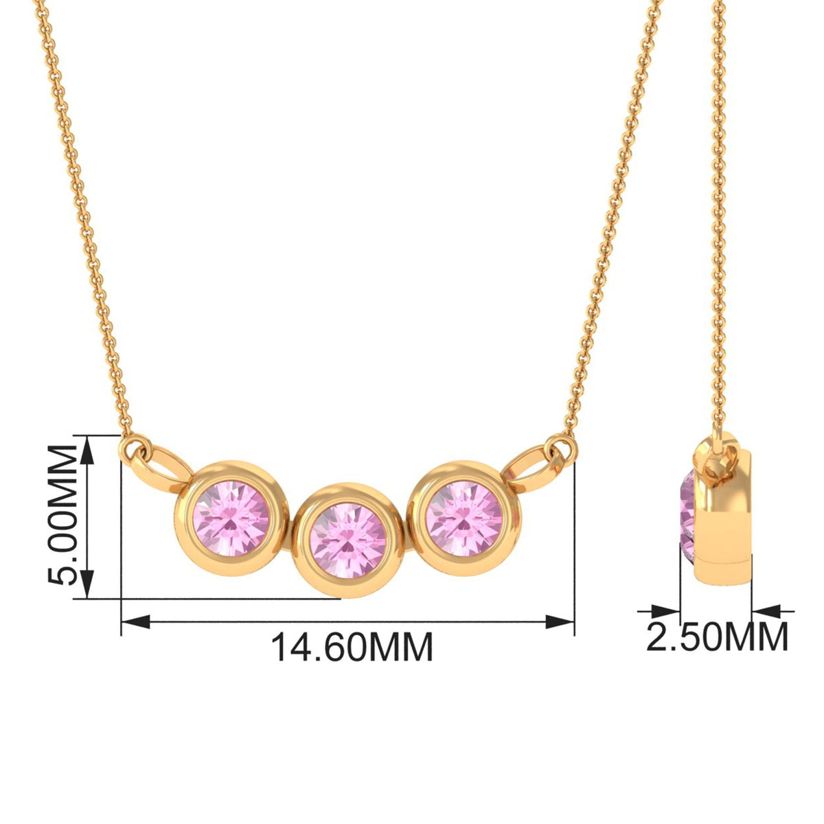 Bezel Set Pink Tourmaline Three Stone Promise Necklace