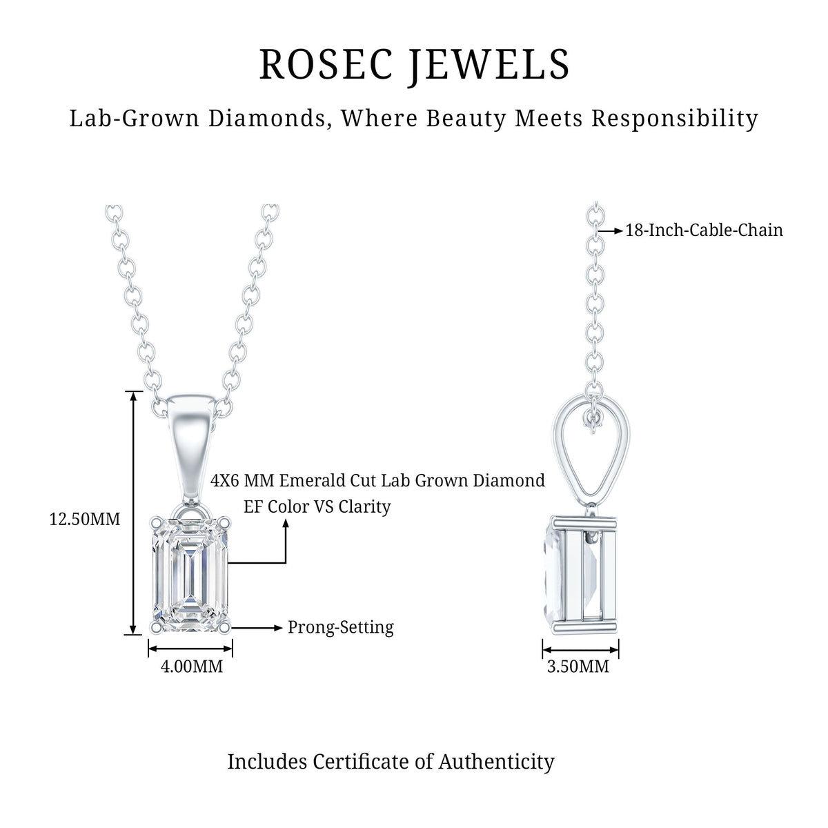 0.7 Carat Lab Grown Diamond Emerald Cut Necklace with Silver Chain
