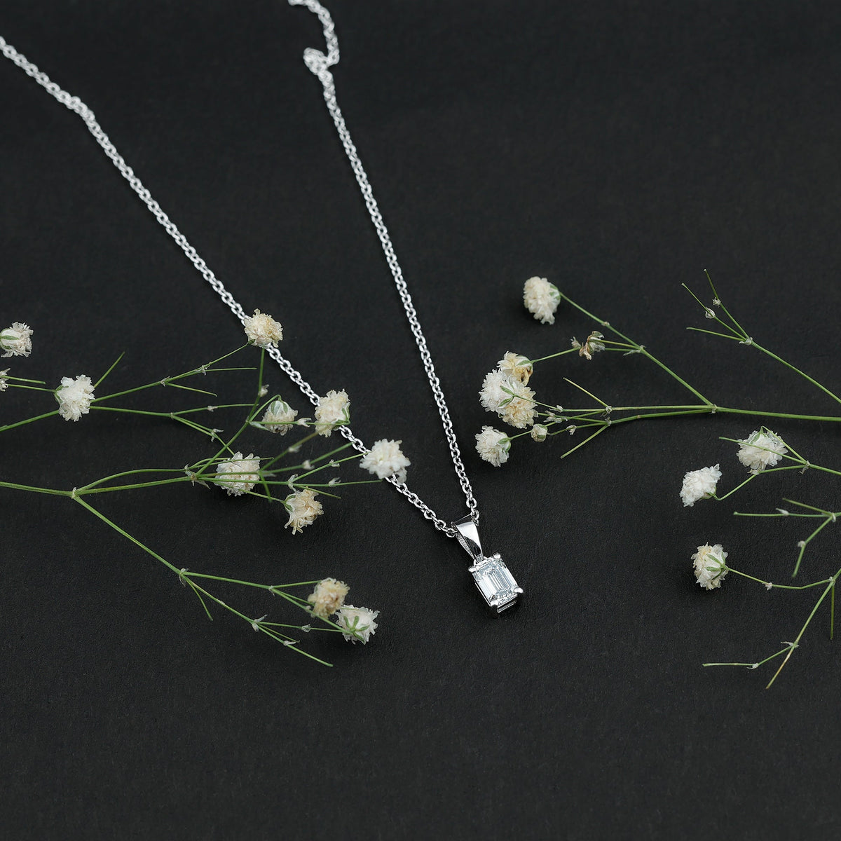 0.7 Carat Lab Grown Diamond Emerald Cut Necklace with Silver Chain