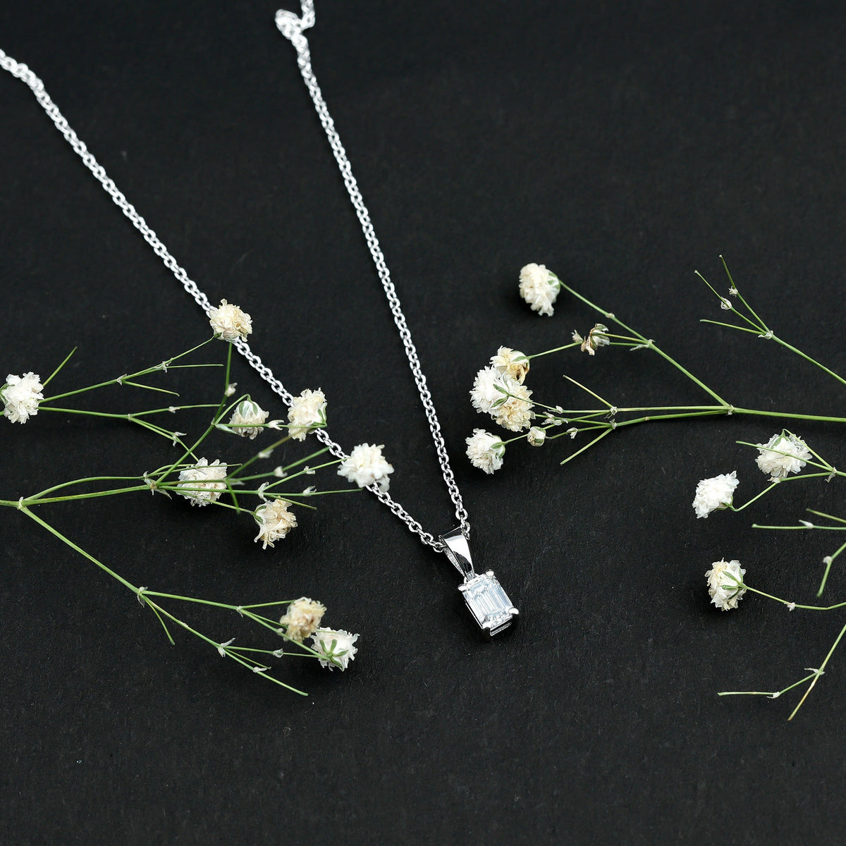6X8mm Emerald Cut Cubic Zirconia Solitaire Necklace With Silver Chain