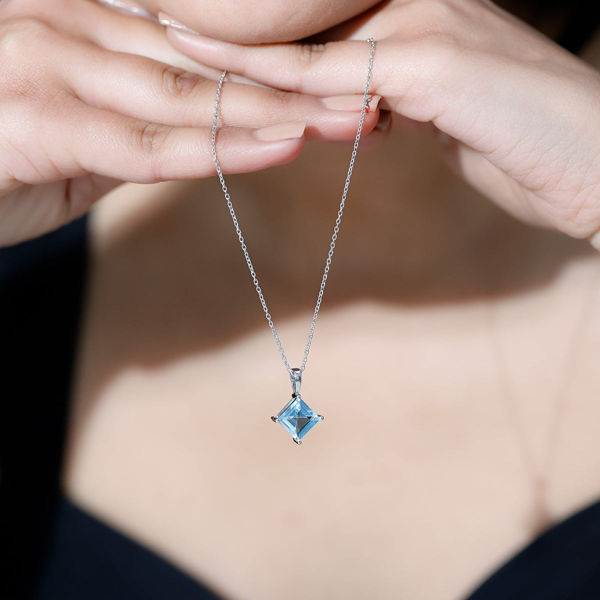 3 Carat Princess Cut Sky Blue Topaz Solitaire Necklace with Silver Chain