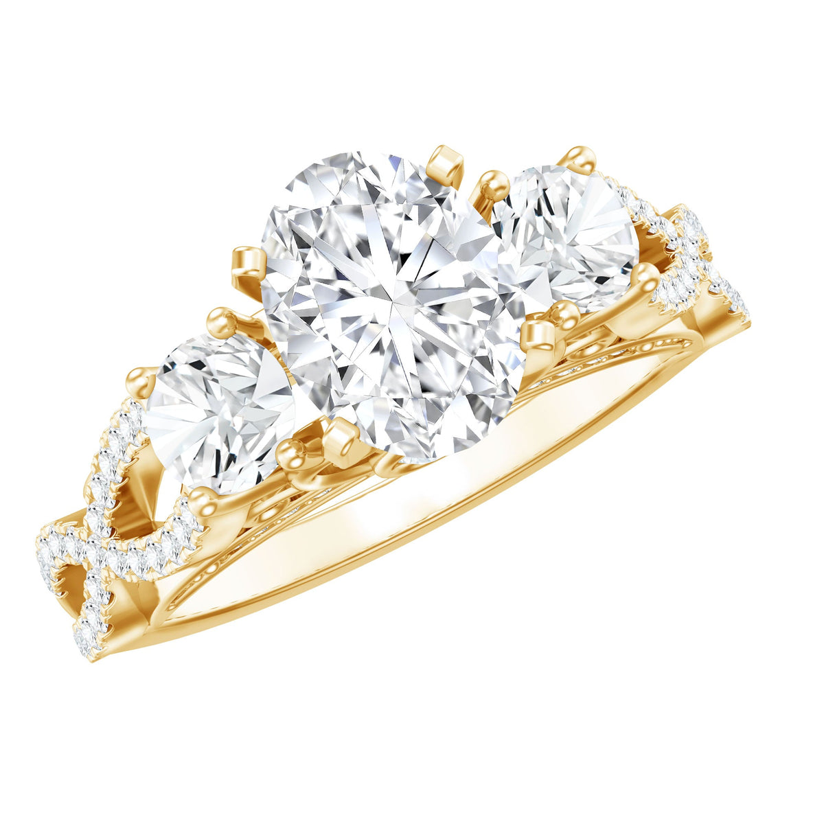 Certified Moissanite Three Stone Engagement Ring with Crossover Shank