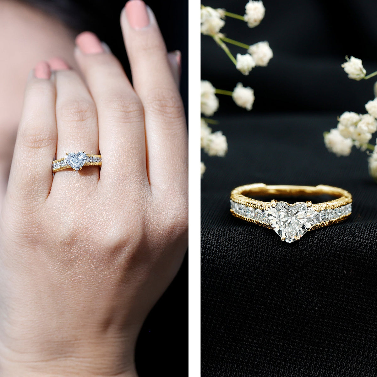 1.5 Carat Moissanite Heart Engagement Ring with Beaded Details