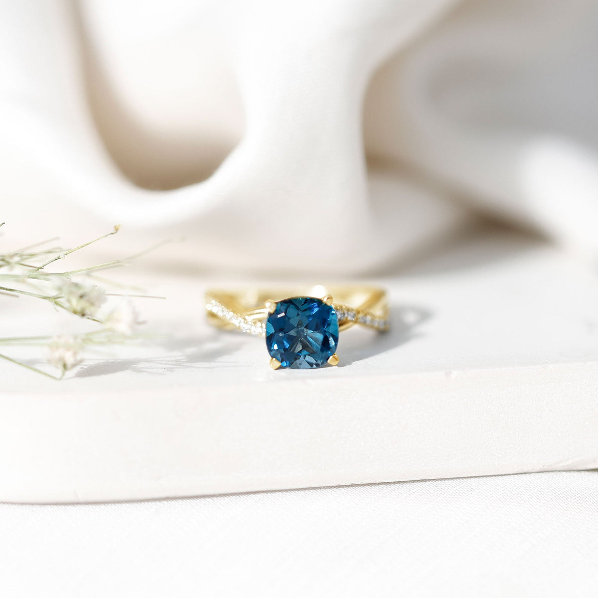 2.8 Carat Cushion Cut London Blue Topaz Solitaire Engagement Ring with Diamond Crossover Shank