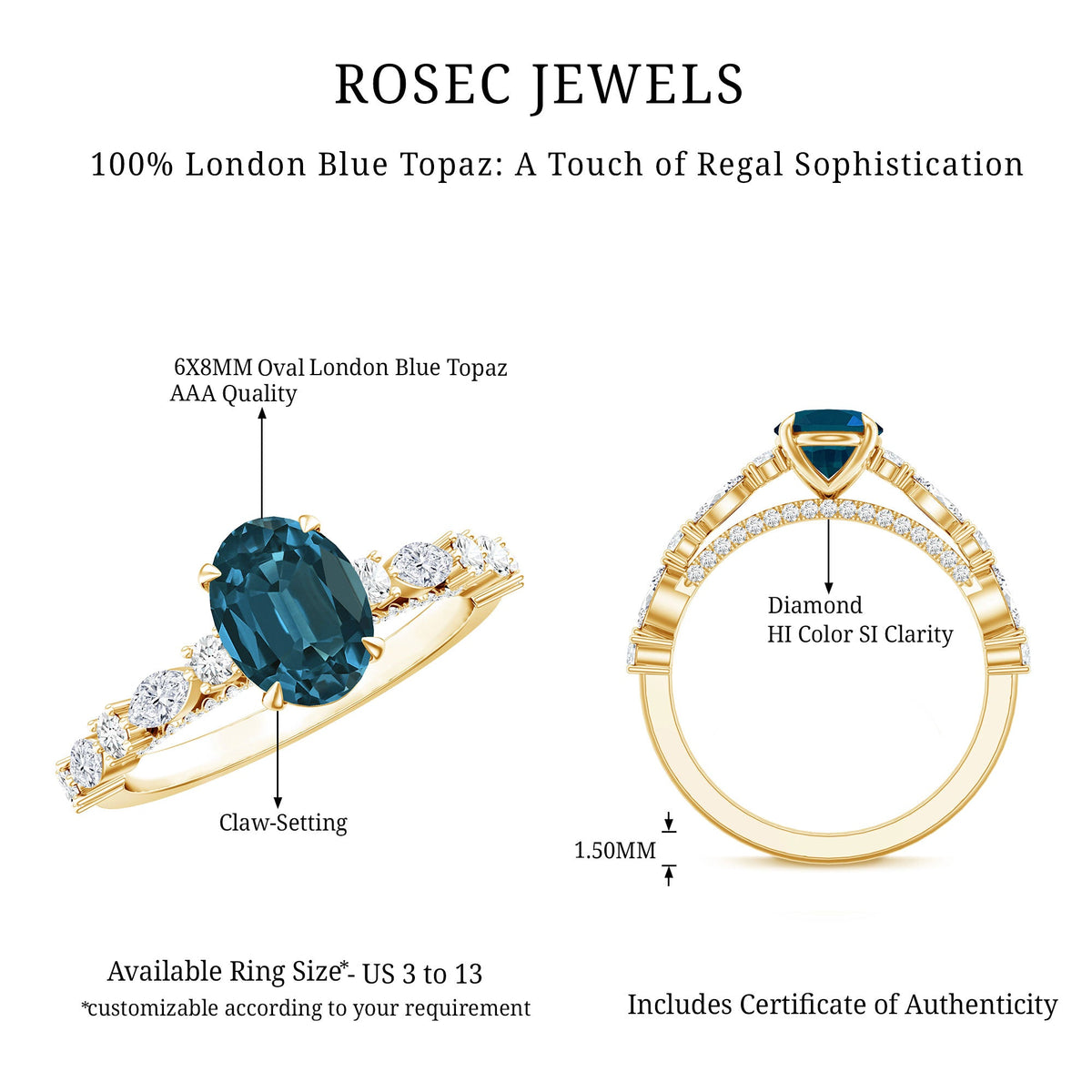 1 Carat Oval Cut London Blue Topaz Engagement Ring with Diamond Accent