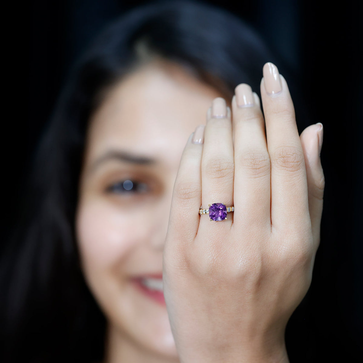 2 Carat Amethyst Cushion Cut Engagement Ring with Diamond