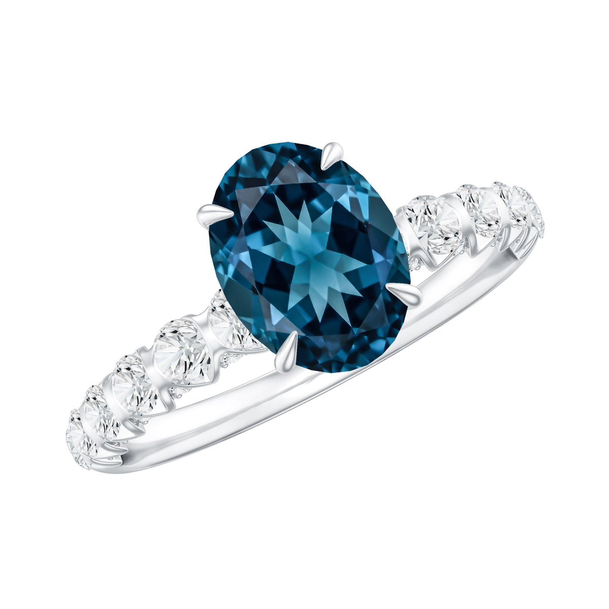 1 Carat Oval Cut London Blue Topaz Solitaire Engagement Ring with Diamond Side Stones