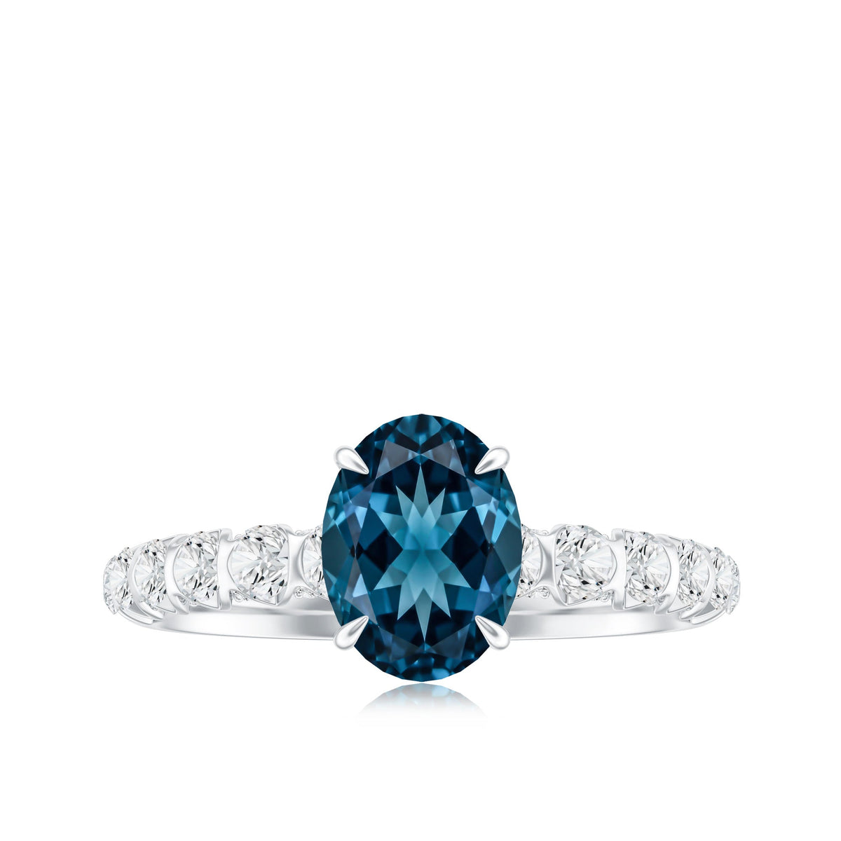 1 Carat Oval Cut London Blue Topaz Solitaire Engagement Ring with Diamond Side Stones