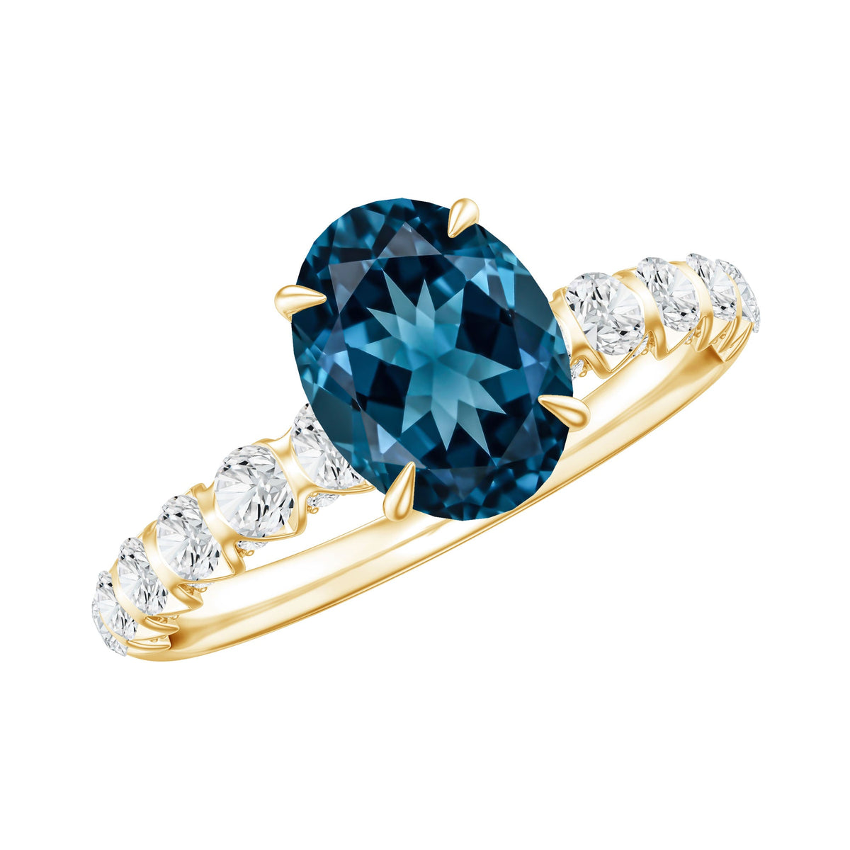 1 Carat Oval Cut London Blue Topaz Solitaire Engagement Ring with Diamond Side Stones