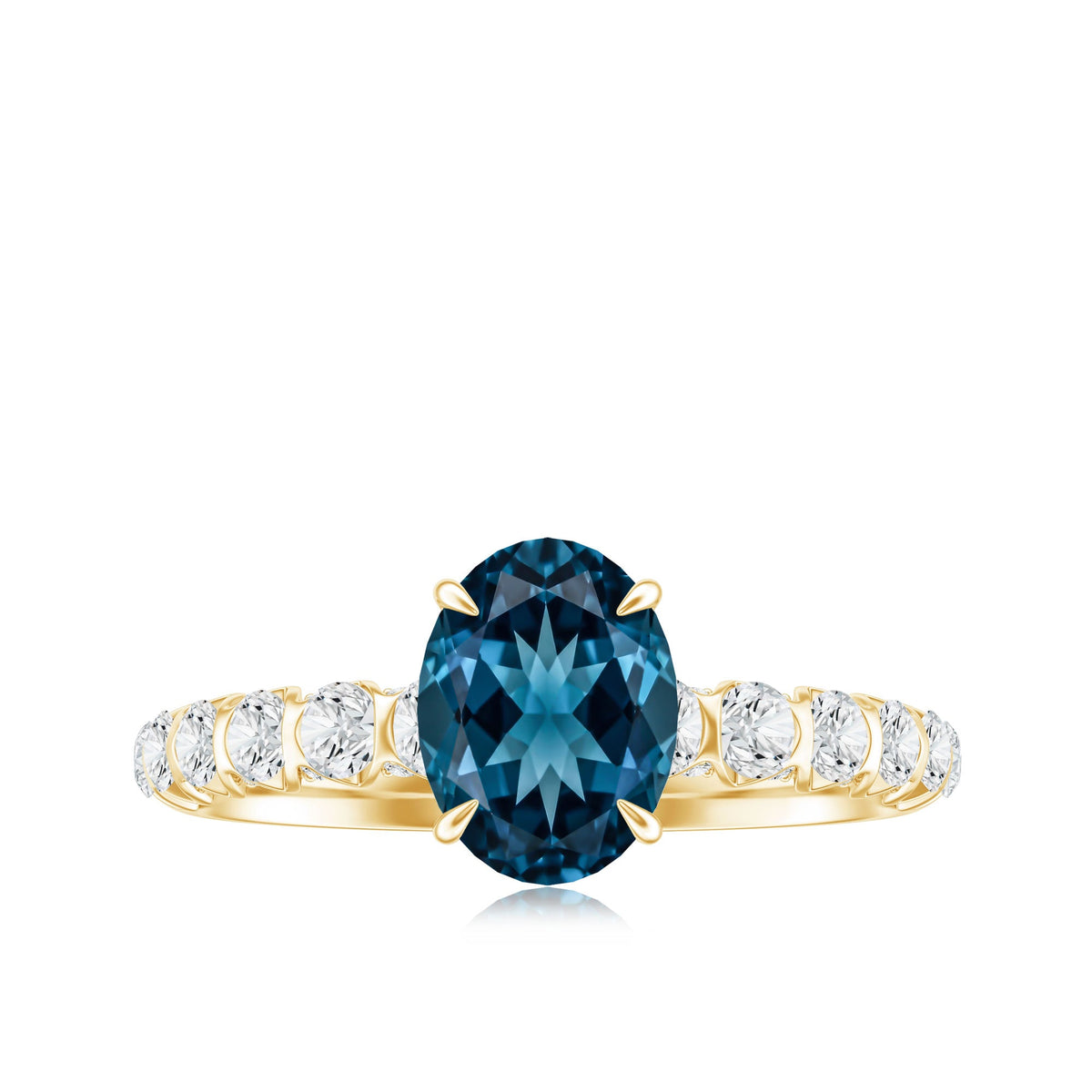 1 Carat Oval Cut London Blue Topaz Solitaire Engagement Ring with Diamond Side Stones