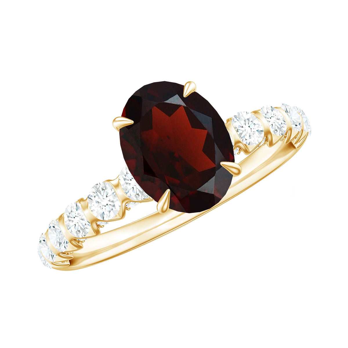 Certified Natural Garnet Oval Engagement Ring with Diamond Side Stones