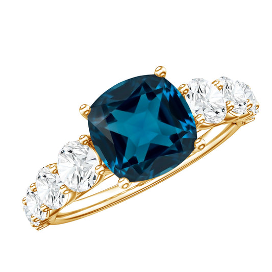 2.8 Carat Cushion Cut London Blue Topaz Solitaire Engagement Ring with Moissanite Side Stones