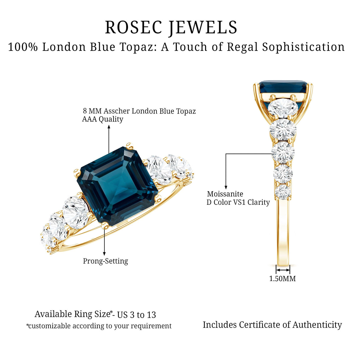 3 Carat Asscher Cut London Blue Topaz Solitaire Engagement Ring with Moissanite