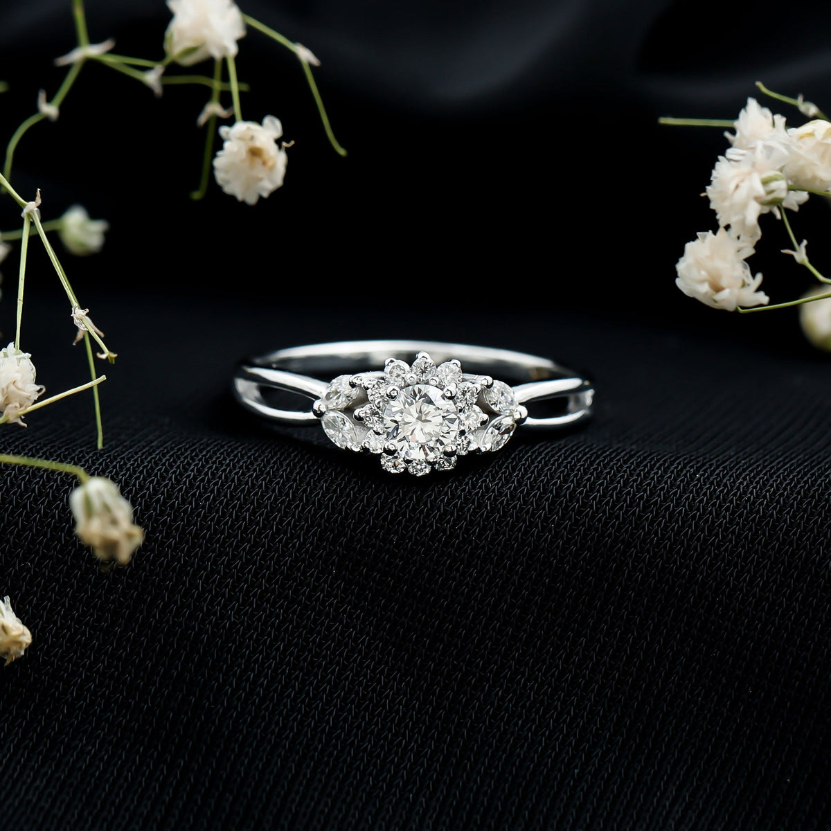 Diamond Flower Engagement Ring with Split Shank