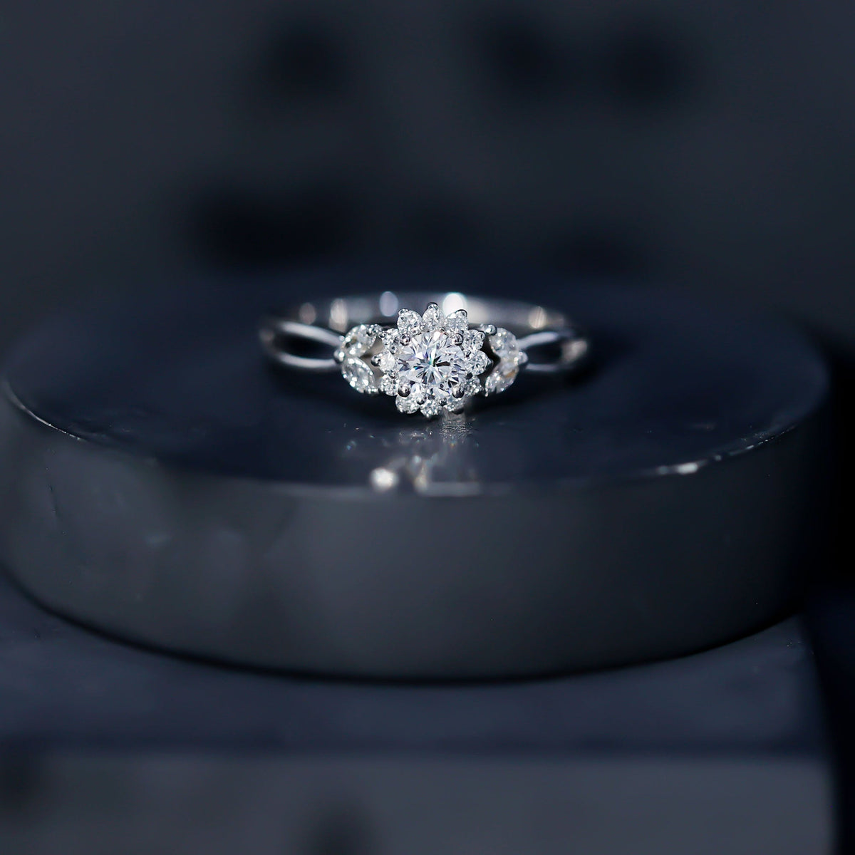 Diamond Flower Engagement Ring with Split Shank