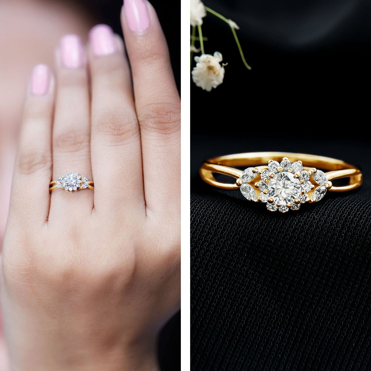 Diamond Flower Engagement Ring with Split Shank