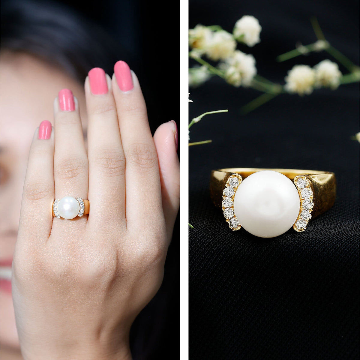 8 Carat Freshwater Pearl Statement Engagement Ring with Diamond