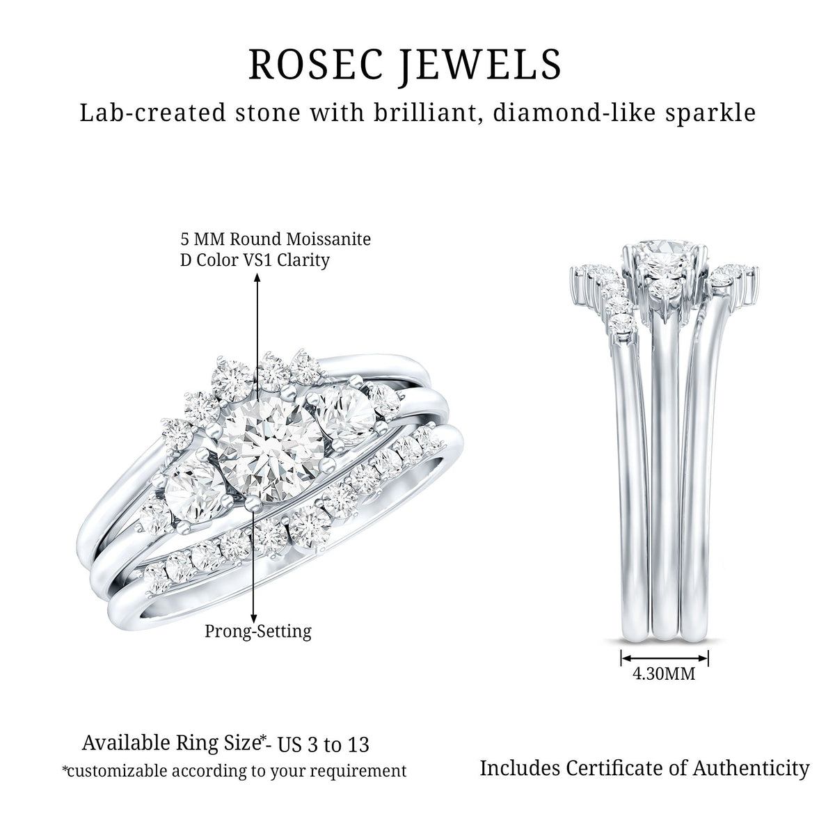 Certified Moissanite Trio Bridal Ring Set
