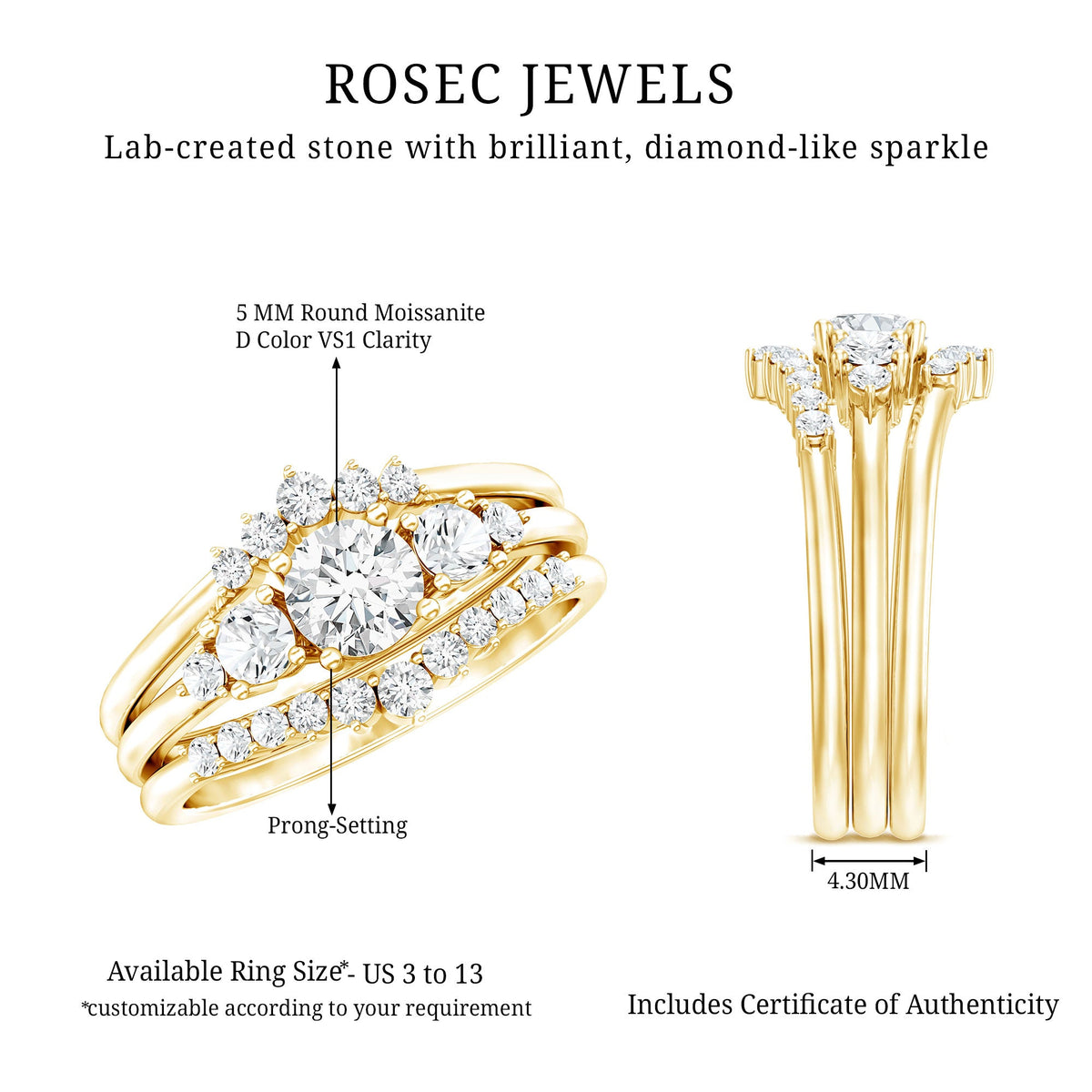Certified Moissanite Trio Bridal Ring Set