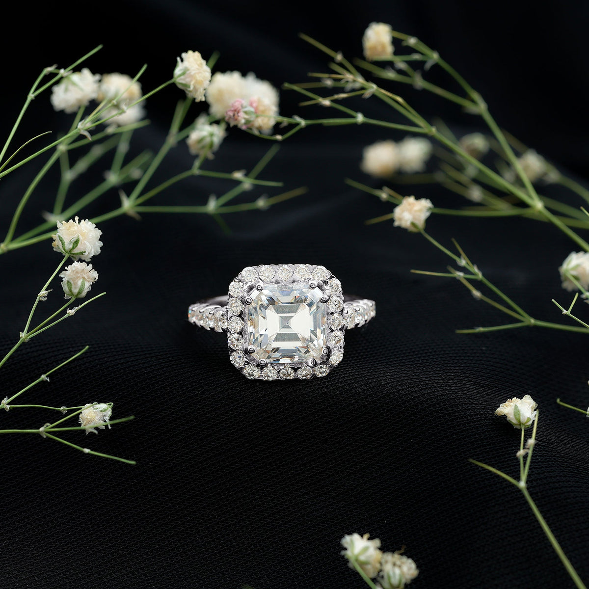2.5 Carat Certified Asscher Cut Moissanite Halo Engagement Ring