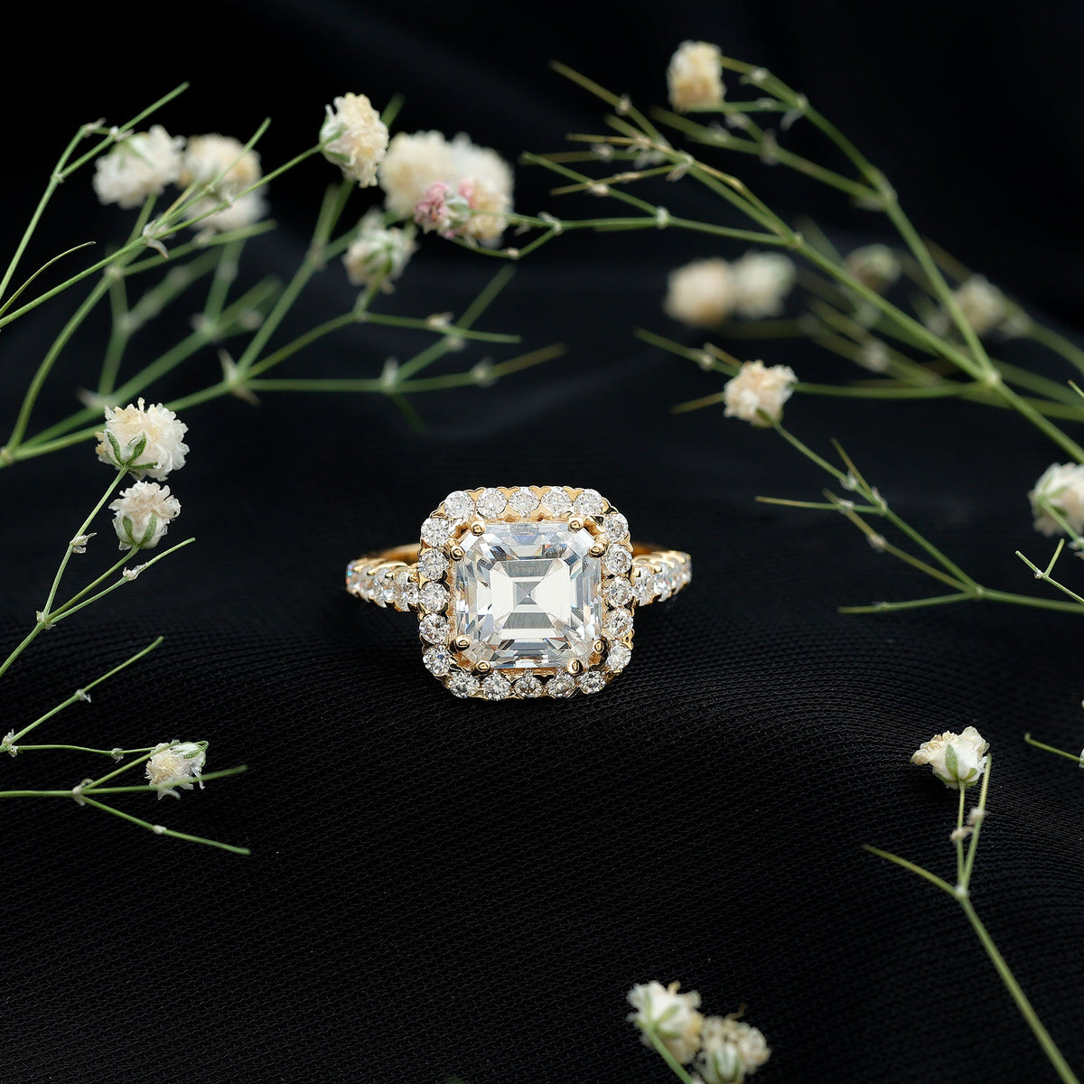 2.5 Carat Certified Asscher Cut Moissanite Halo Engagement Ring