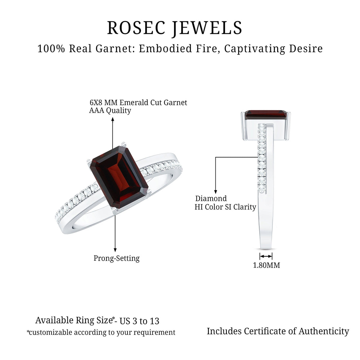 2 Carat Natural Garnet Emerald Cut Engagement Ring with Diamond